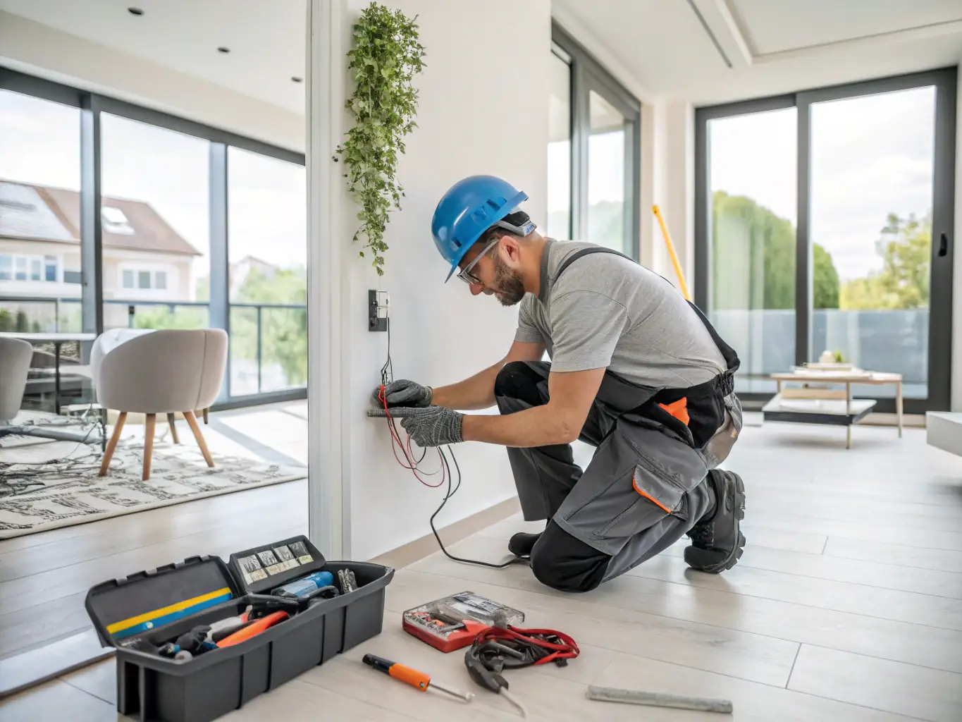 An Amiran Homes electrician safely installs new wiring in a home, ensuring compliance with all electrical codes and standards for a safe and efficient electrical system.