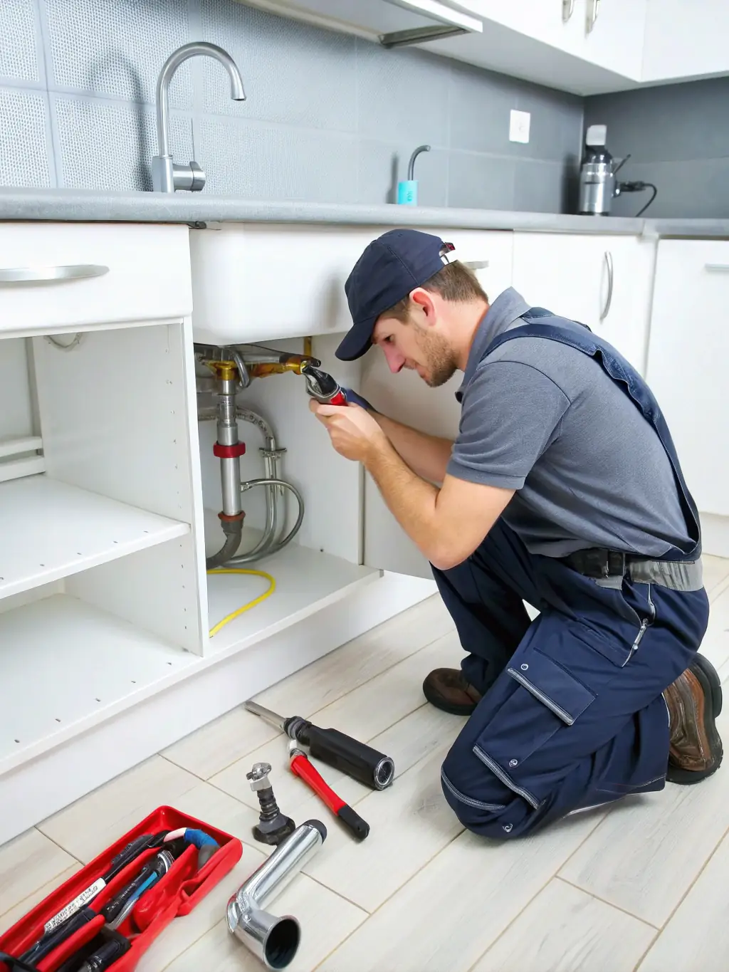 A plumber working on the pipes under a kitchen sink, with modern tools and fixtures visible, showcasing Amiran Homes' plumbing services.