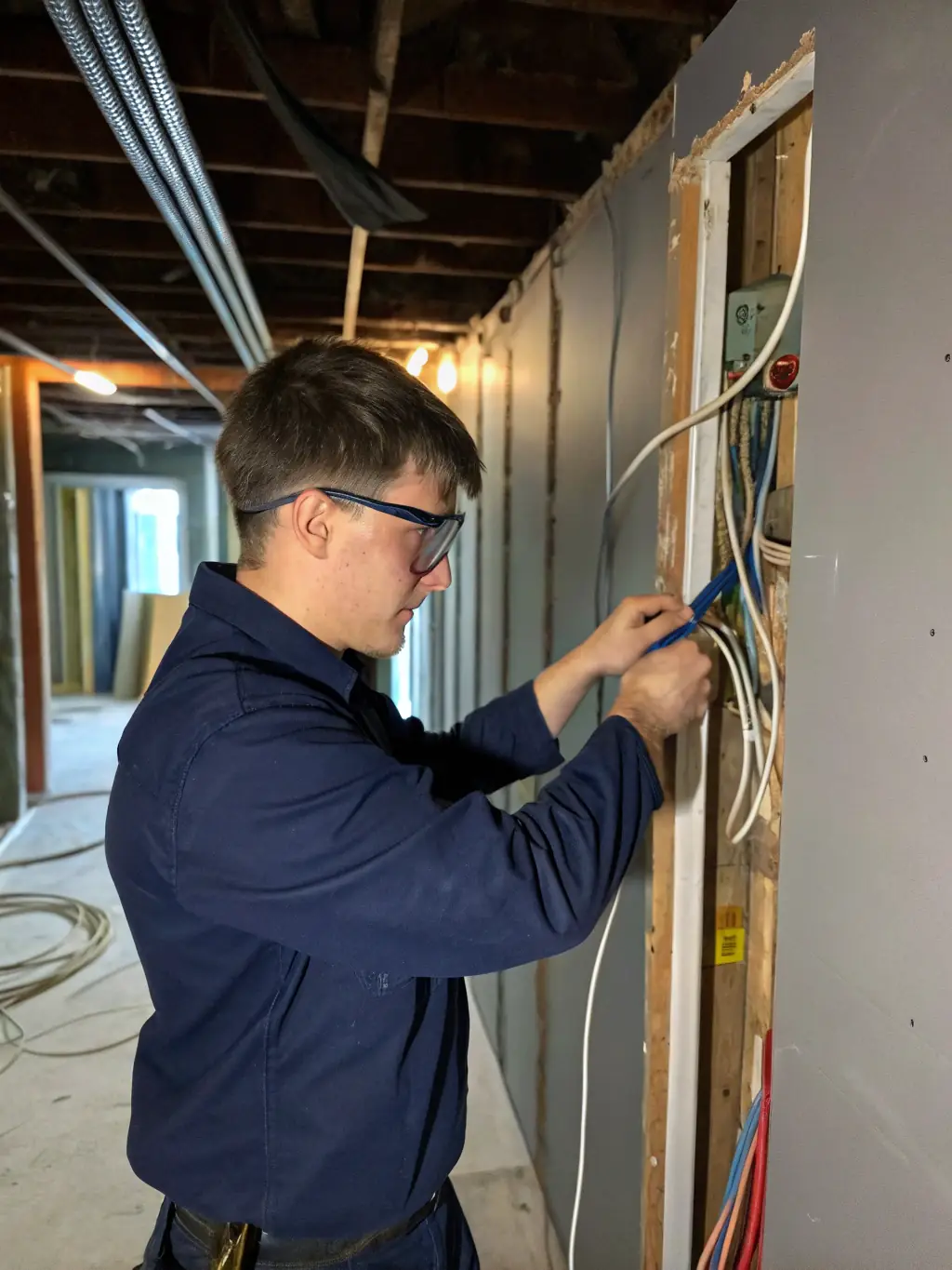 An electrician installing new wiring in a home, with a focus on safety and precision, representing Amiran Homes' electrical expertise.