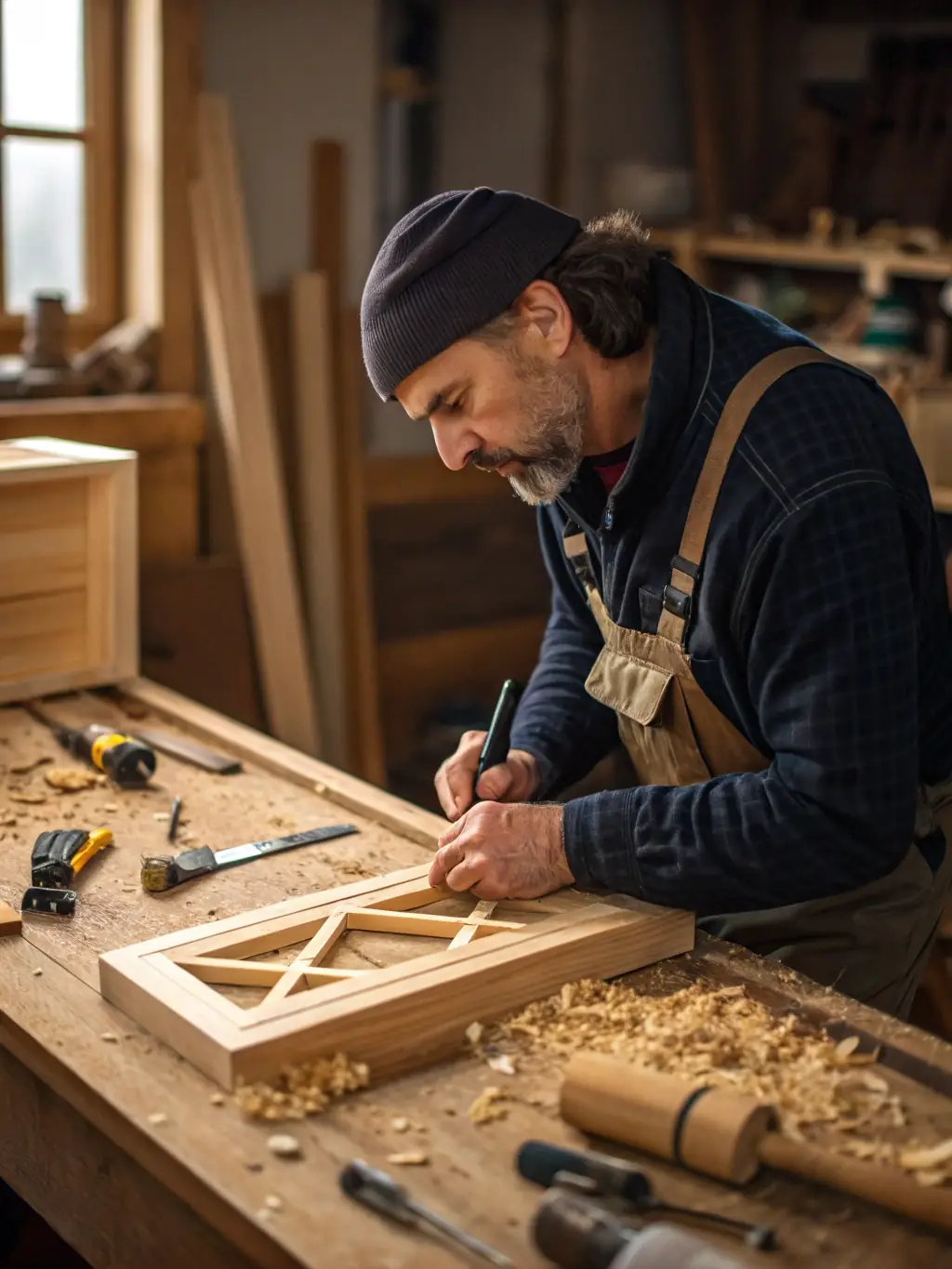 A carpenter crafting custom cabinets in a workshop, highlighting the attention to detail and quality craftsmanship of Amiran Homes.