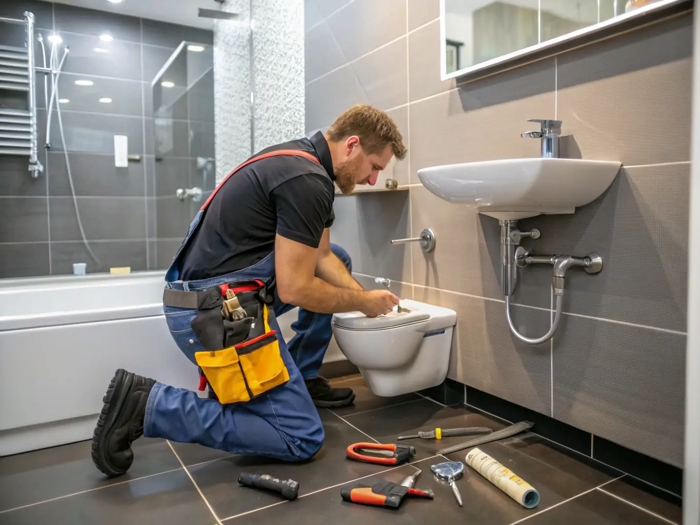 A professional plumber from Amiran Homes expertly installs new pipes in a modern bathroom renovation project, showcasing attention to detail and quality workmanship.
