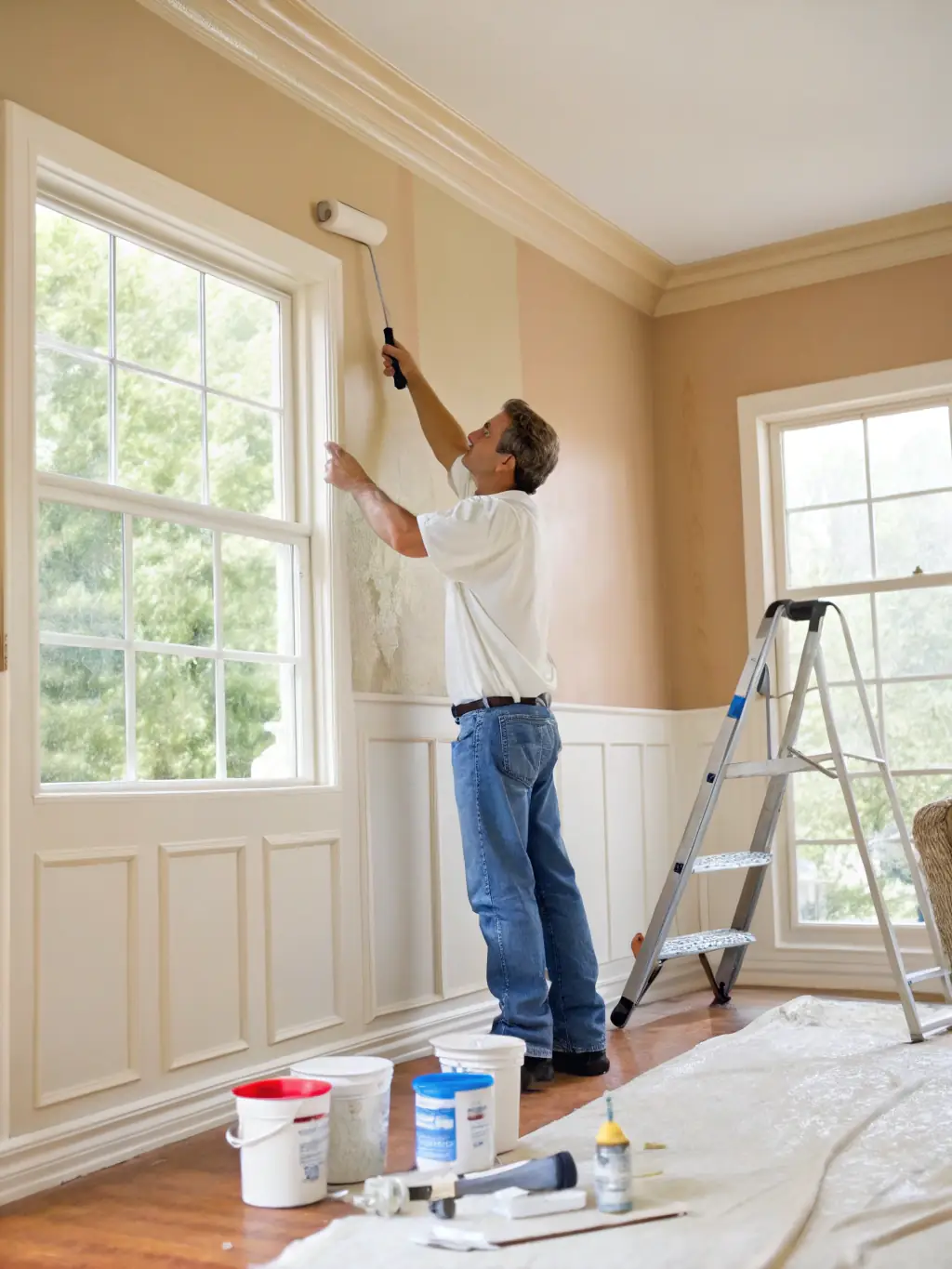 A painter applying a fresh coat of paint to a wall, with a focus on achieving a smooth and even finish, demonstrating Amiran Homes' painting services.